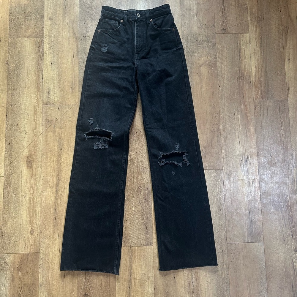 Zara High Rise Wide Leg Distressed Black Wash Jeans Extra Long Size 2